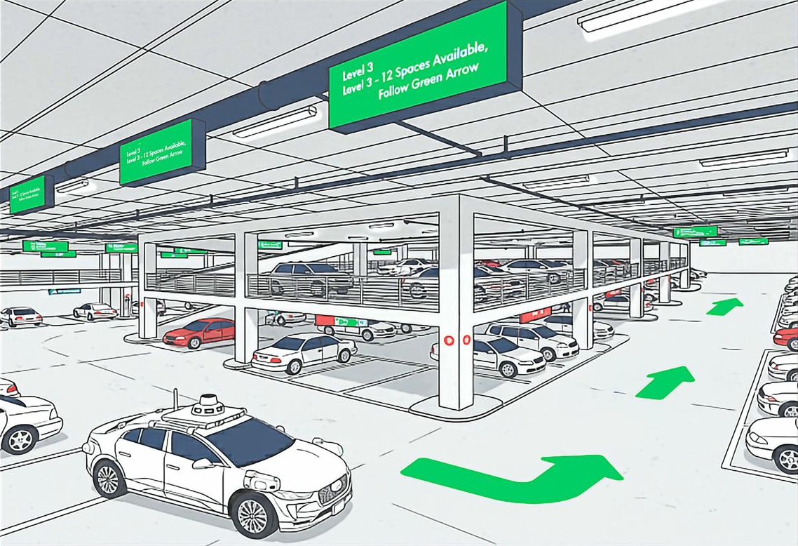 An autonomous vehicle drives through a modern garage as overhead signs count available spaces by level and green floor arrows guide it to an open stall.
