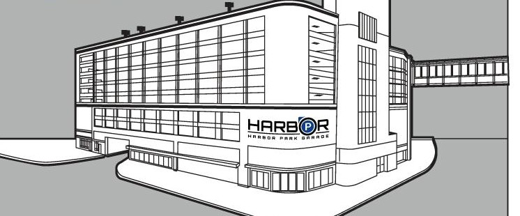 Line drawing of a multi-level parking garage on a city corner, with a skybridge connecting to the building next door.