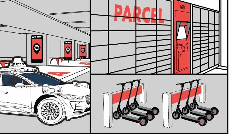 Three panels: an autonomous rideshare vehicle at app pickup bays, a wall of parcel lockers, and docked electric scooters inside a parking facility.