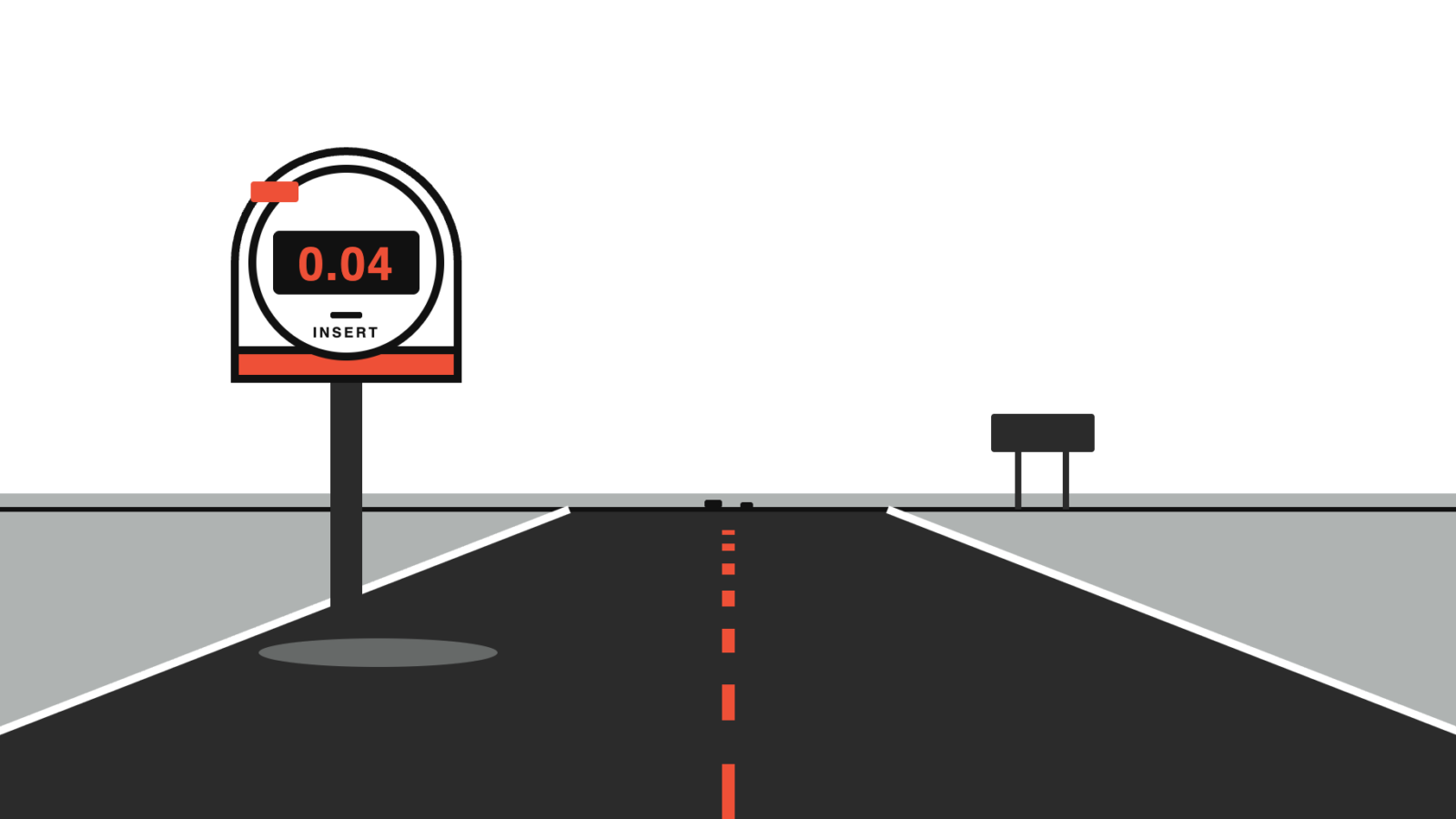 A single-space parking meter on the shoulder of an empty highway, its display reading 0.04: the federal EV fee measured against the Highway Trust Fund shortfall.