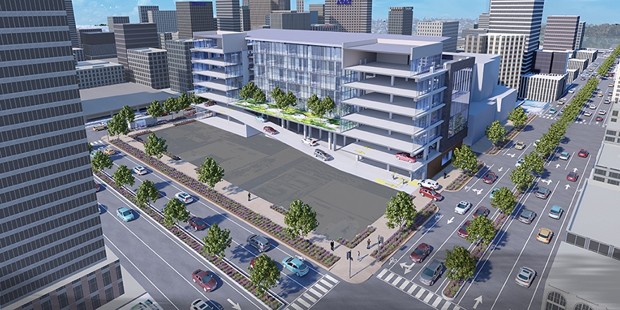 Aerial rendering of the same structure converted to glazed offices with a landscaped terrace, parking kept on lower levels