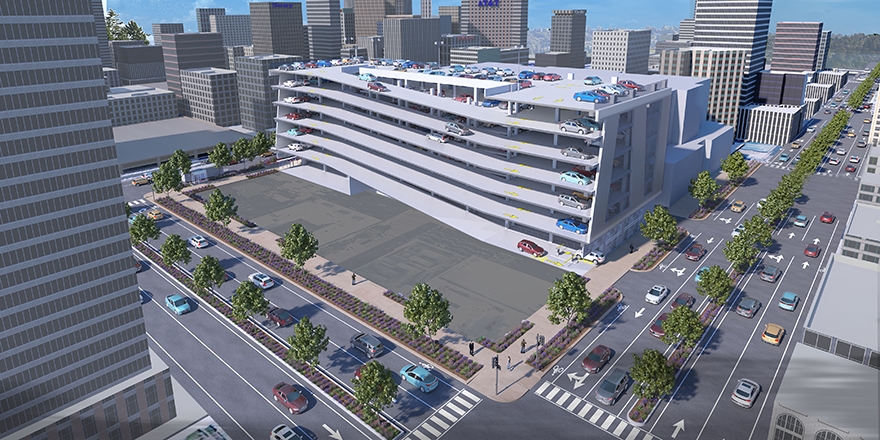 Aerial rendering of a downtown multi-level parking garage with flat floor plates, beside an open plaza