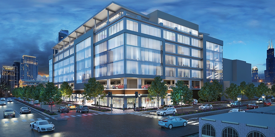 Street-level night rendering of the garage converted to glass-walled offices over ground-floor retail