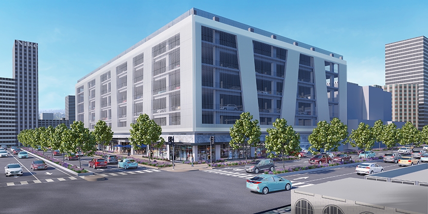 Street-level rendering of a parking garage with retail at the base and a screened facade
