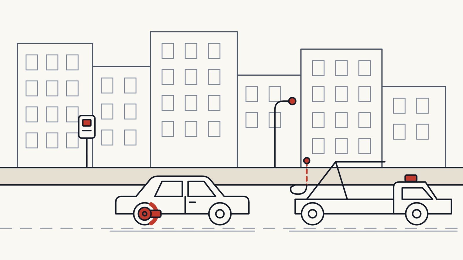 Line illustration of a city street. A sedan parked at the curb wears a red wheel boot on its front wheel, beside a parking meter. A tow truck with a red beacon approaches from the right, its hook and chain lowered toward the car.